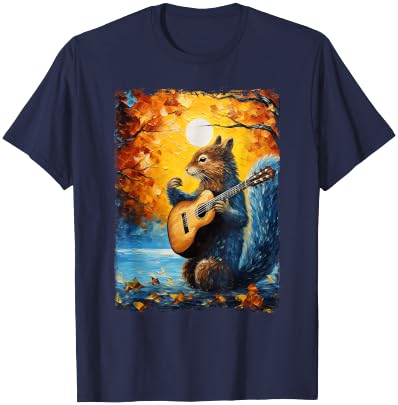 Van Gogh Starry Night Squirrel Playing Guitar Squirrel Lover T-Shirt - T-Shirt | Navy