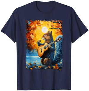 Van Gogh Starry Night Squirrel Playing Guitar Squirrel Lover T-Shirt - T-Shirt | Navy