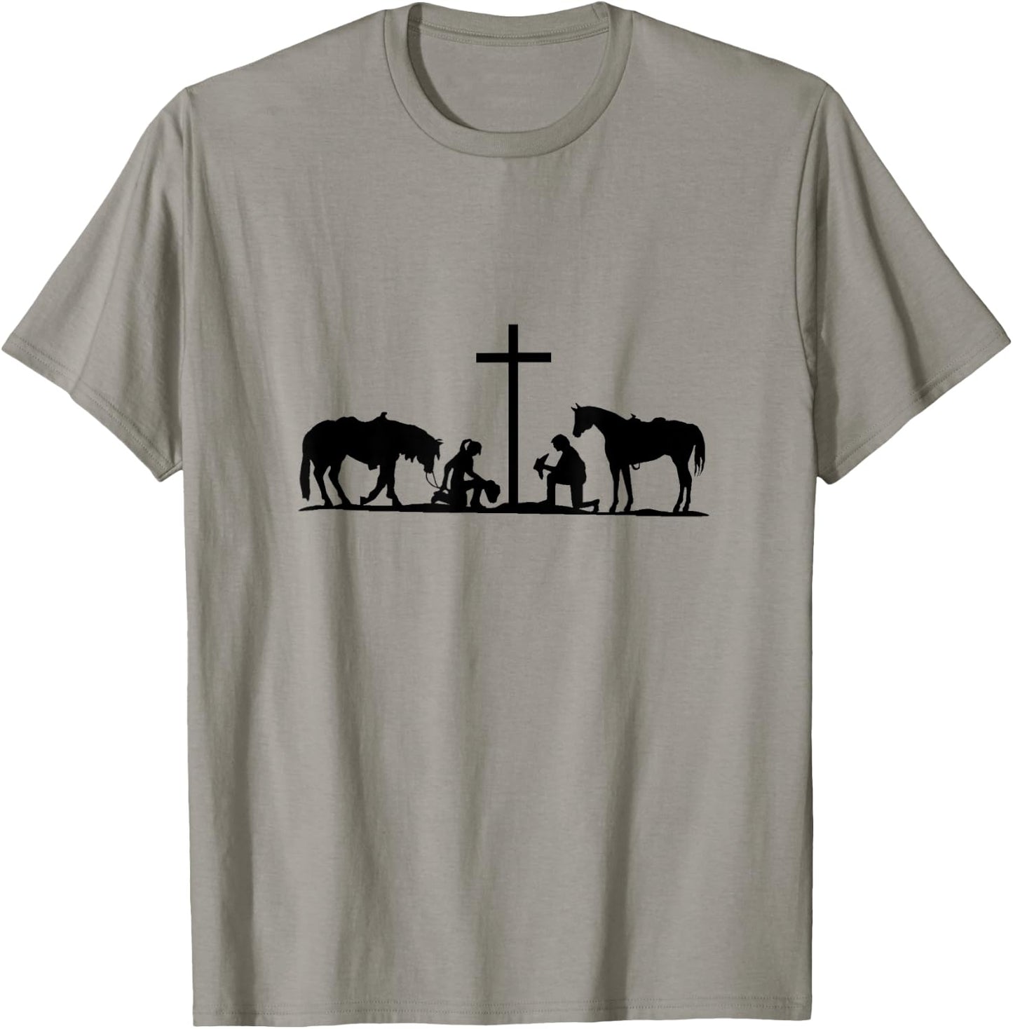 Western couple praying at cross with horses. cowboy. cowgirl T-Shirt - T-Shirt | Sand