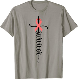 Survivor Christian Cross Warrior Peach Ribbon Uterine Cancer T-Shirt - T-Shirt | Sand
