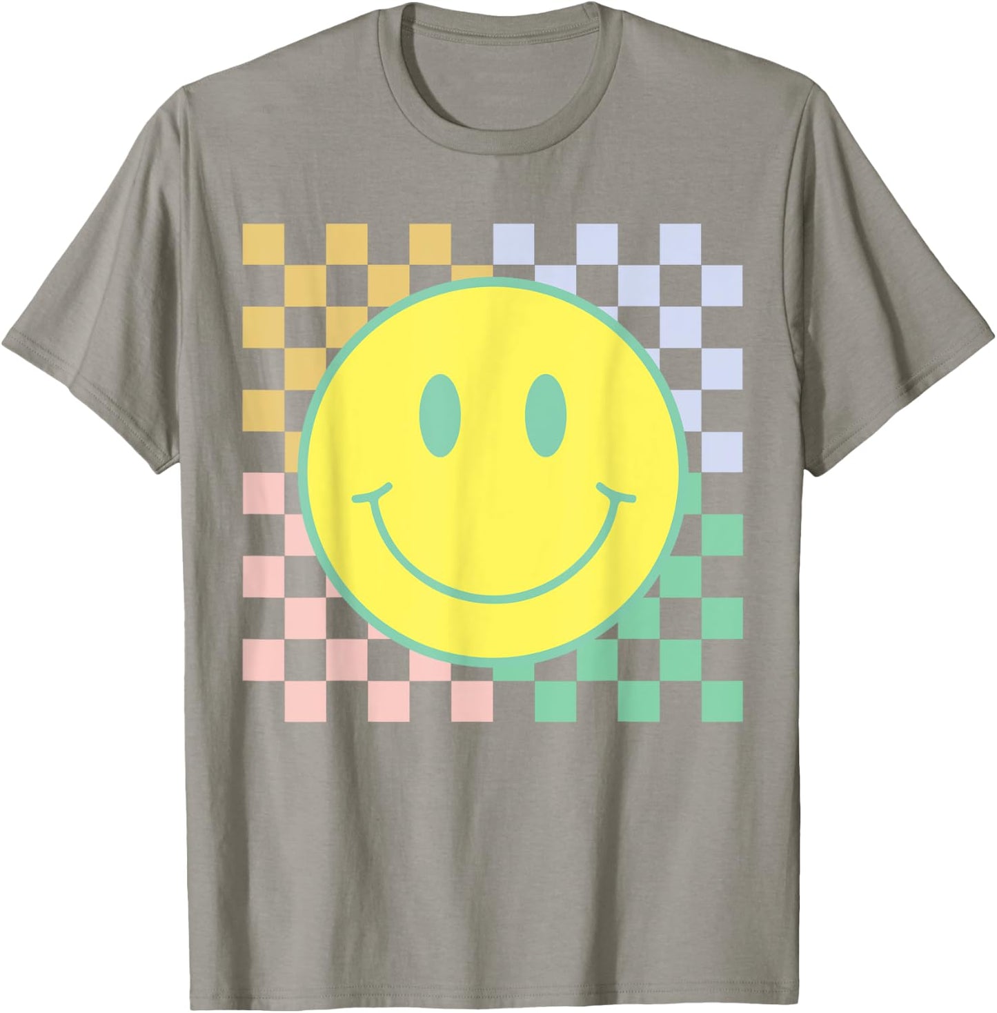 Retro Happy Face Shirt Checkered Pattern Smile Face Trendy T-Shirt - T-Shirt | Sand