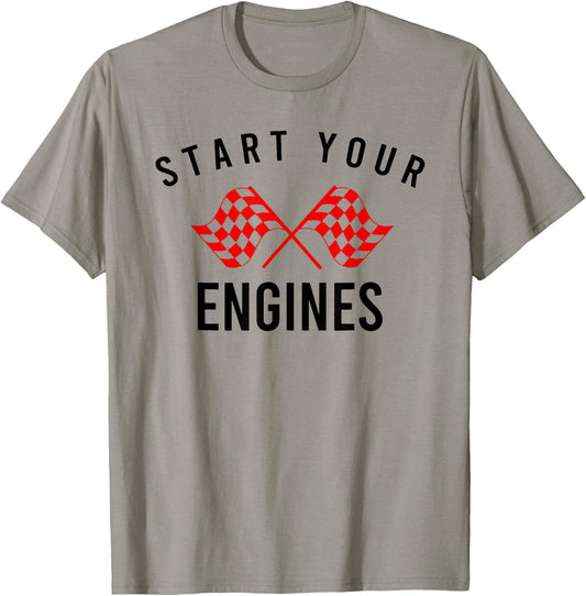 Start Your Engines Checkered Flag T-Shirt - T-Shirt | Sand