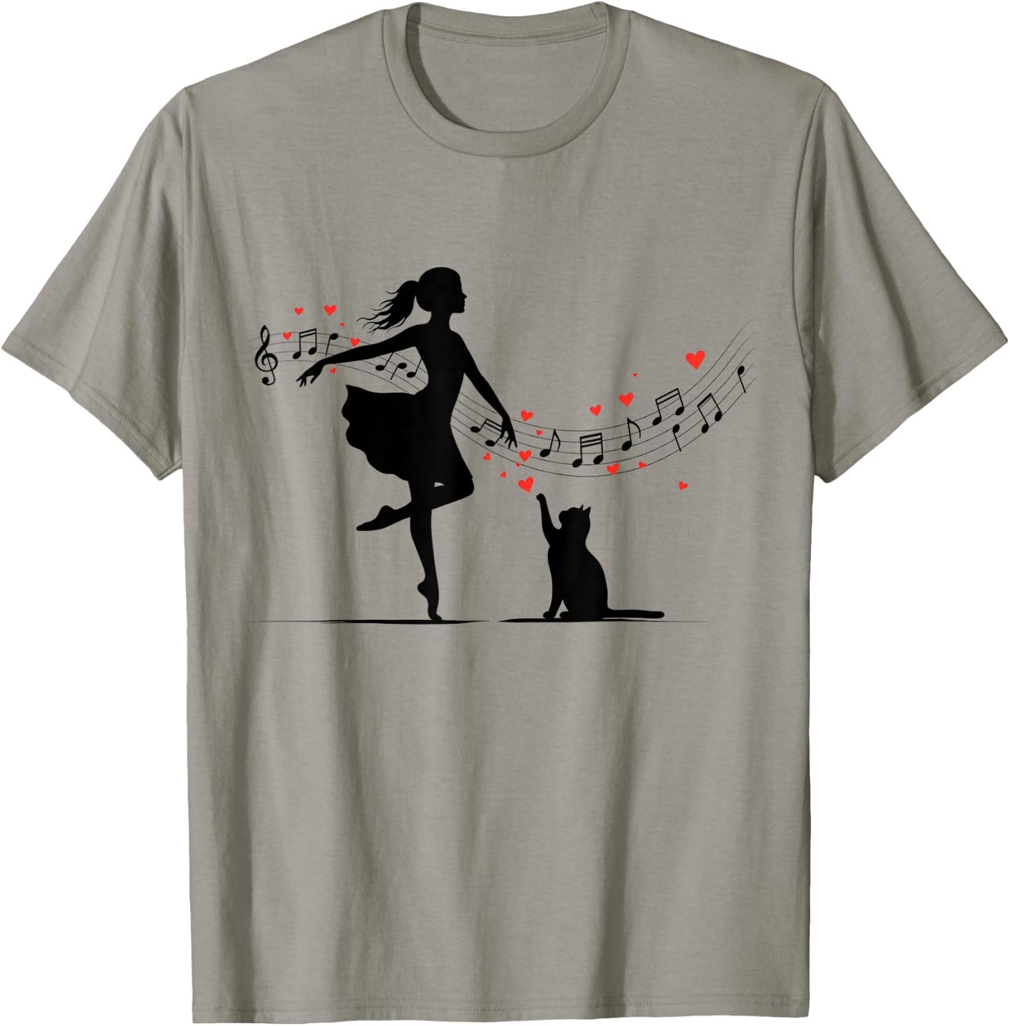 Cute Girl And Cat Dance With Musical Notes And Hearts T-Shirt - T-Shirt | Sand