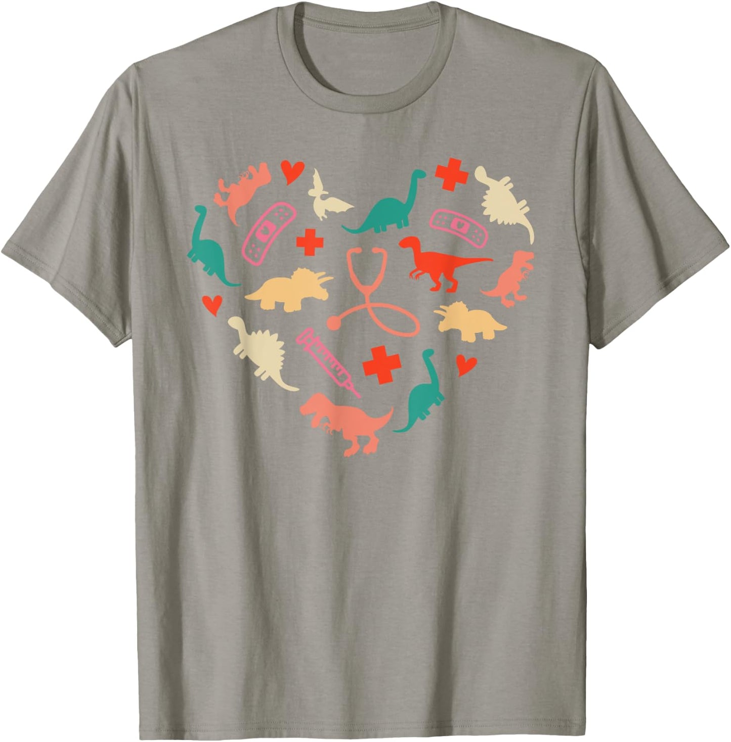 Pediatric Nurse Heart Colorful Cute Dinosaur Physical Peds T-Shirt - T-Shirt | Sand