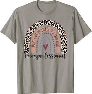 Paraprofessional Leopard Rainbow Paraeducator Para Heart T-Shirt - T-Shirt | Sand