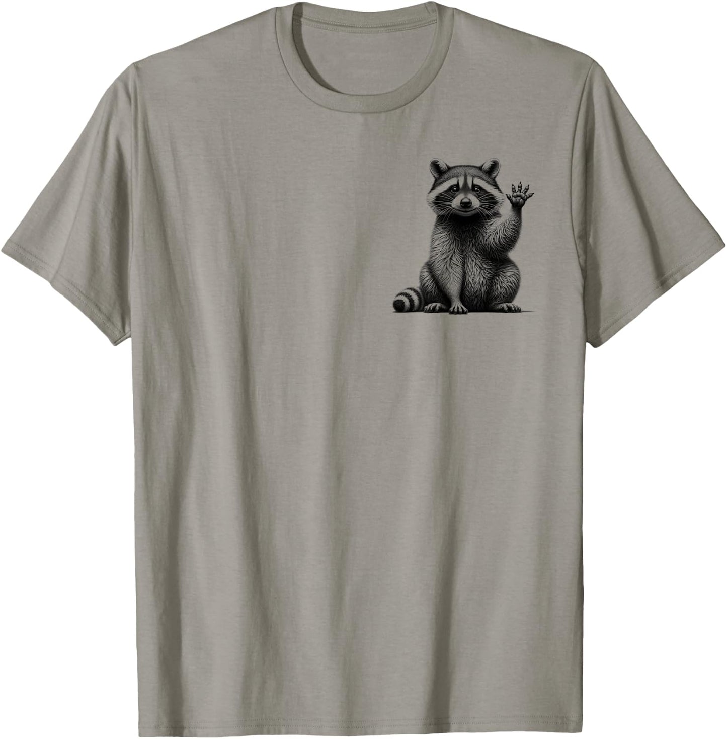 Cute Waving Raccoon Drawing Style on Chest , gray T-Shirt - T-Shirt | Sand