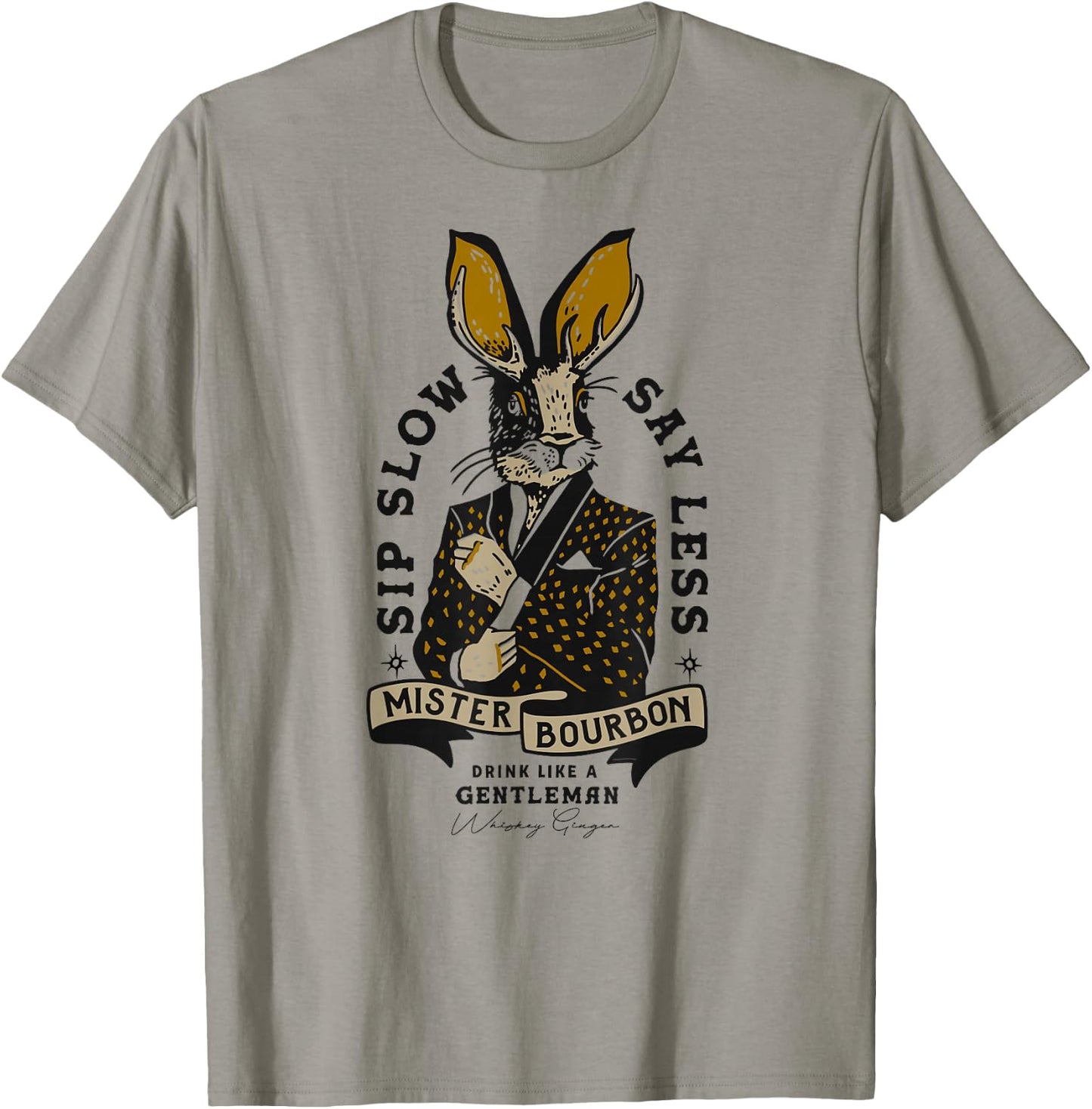 Mister Bourbon Whiskey Jackalope: Funny Smoking Jacket Bunny T-Shirt - T-Shirt | Sand