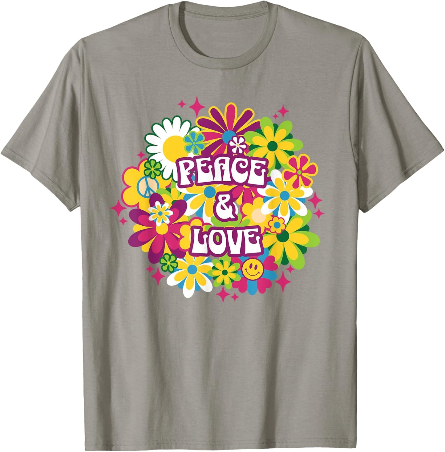 Peace Love 70s Retro Floral Happy Face Flower Groovy Women's , Blue, S T-Shirt - T-Shirt | Sand