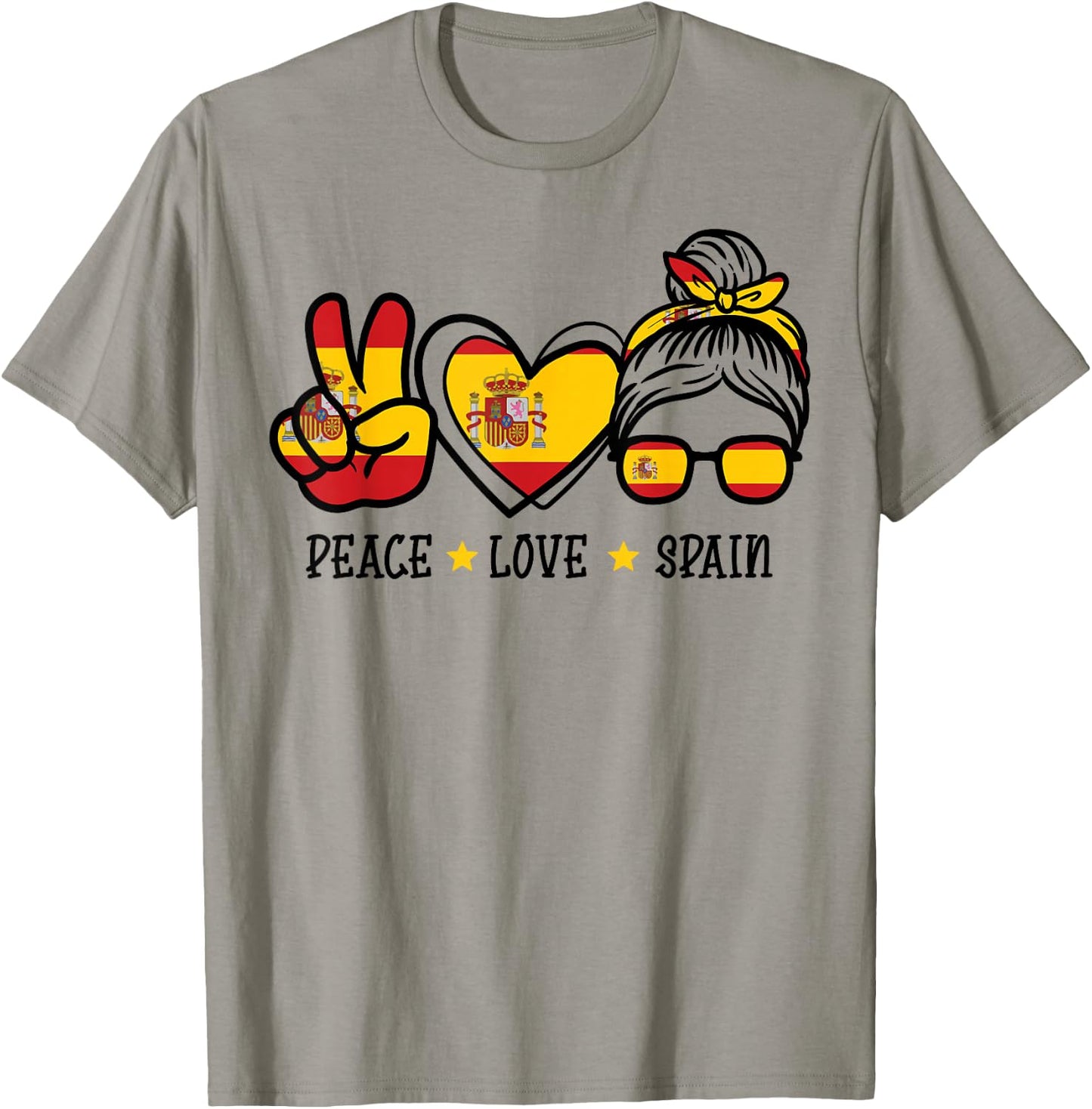Peace Love Spain Messy Bun Spanish Soccer Fan Women Girls T-Shirt - T-Shirt | Sand