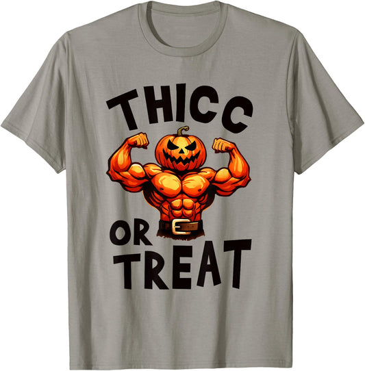 Thicc Or Treat Pumpkin Gym Weightlifting Workout Fitness Men T-Shirt - T-Shirt | Sand
