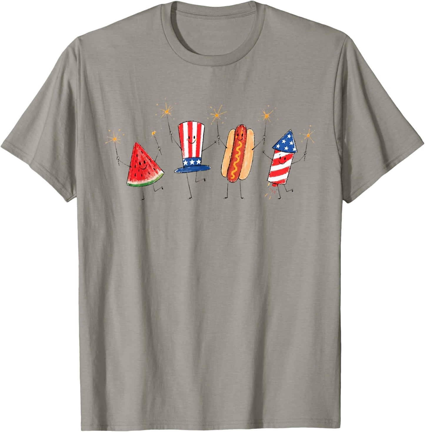 Patriotic Doodle Fourth of July Watermelon Hot Dog Firework T-Shirt - T-Shirt | Sand