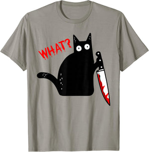 Funny Murderous Black Cat with Knife - Black Cat What? T-Shirt - T-Shirt | Sand