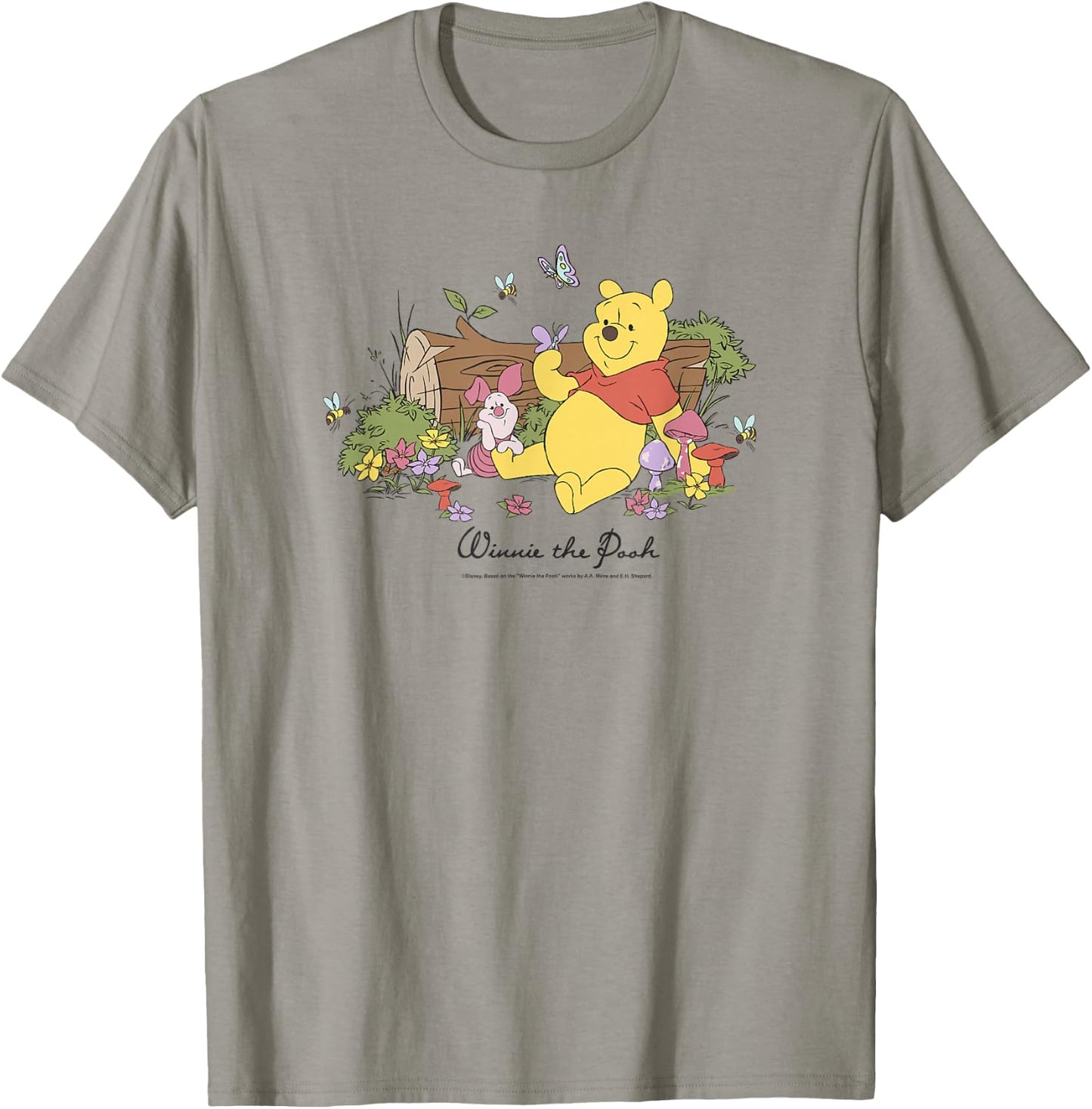 Disney Winnie The Pooh Piglet And Pooh Floral Butterfly , gray, s T-Shirt - T-Shirt | Sand