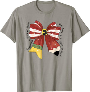 Christmas Coquette Bow Pencil Teaching Is A Work Of Heart T-Shirt - T-Shirt | Sand