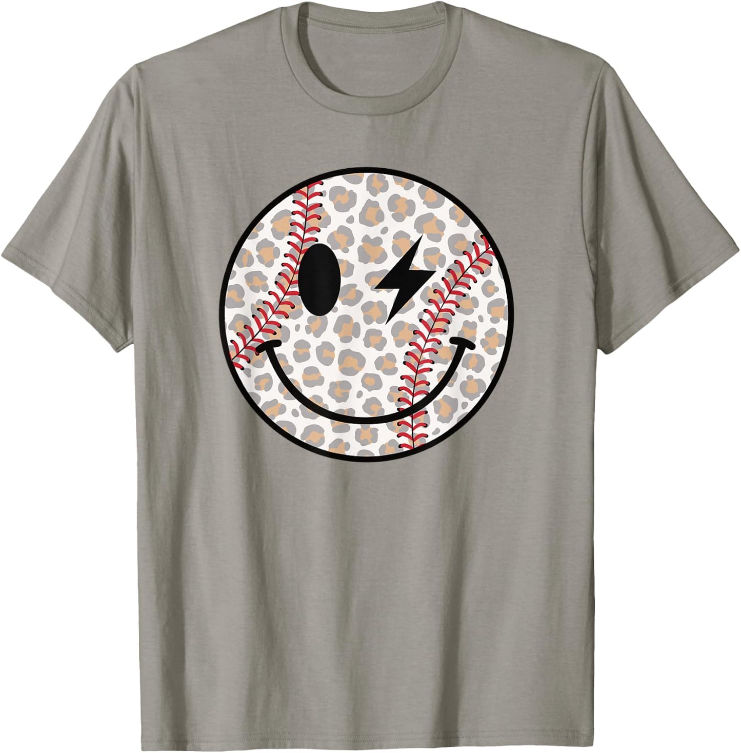 Cute Baseball Happy Face Leopard Smile Face Smiling Baseball T-Shirt - T-Shirt | Sand