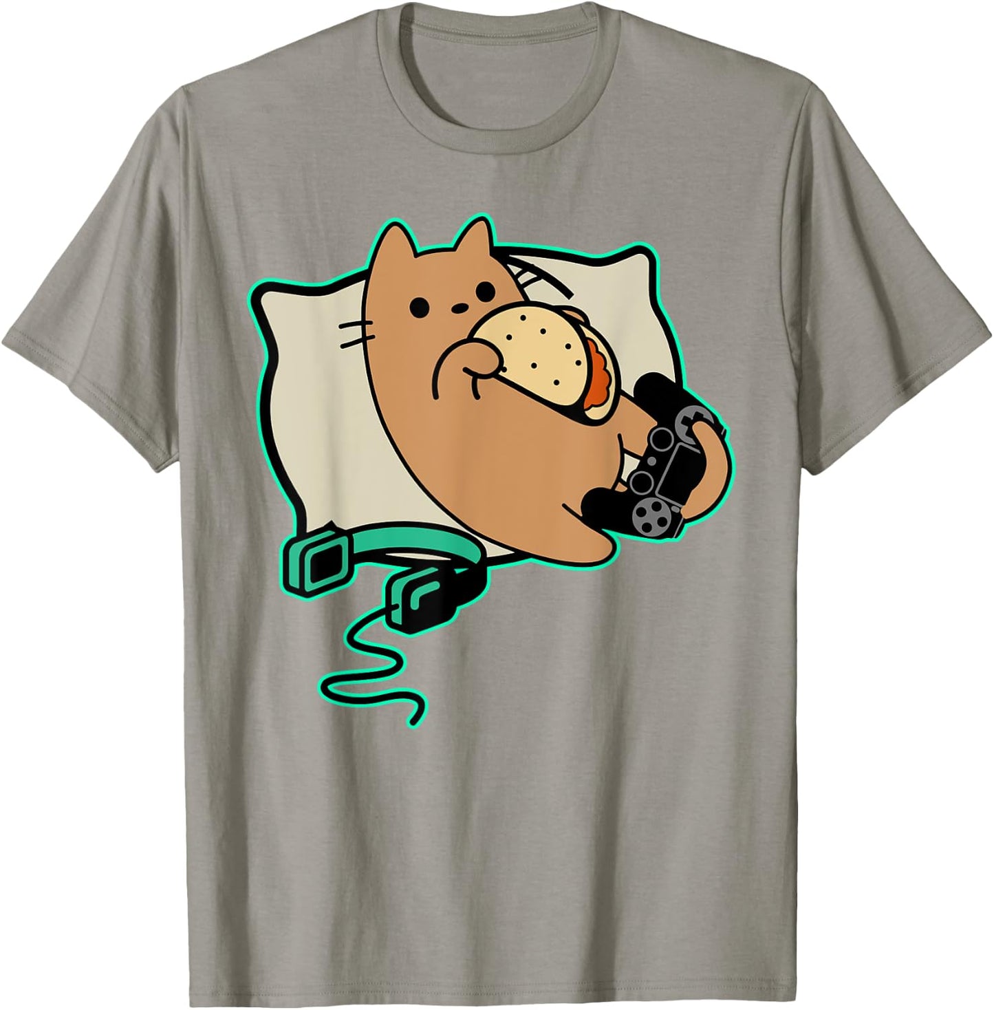 Nerdy Gamer Cat Eating Tacos Game Paused T-Shirt - T-Shirt | Sand