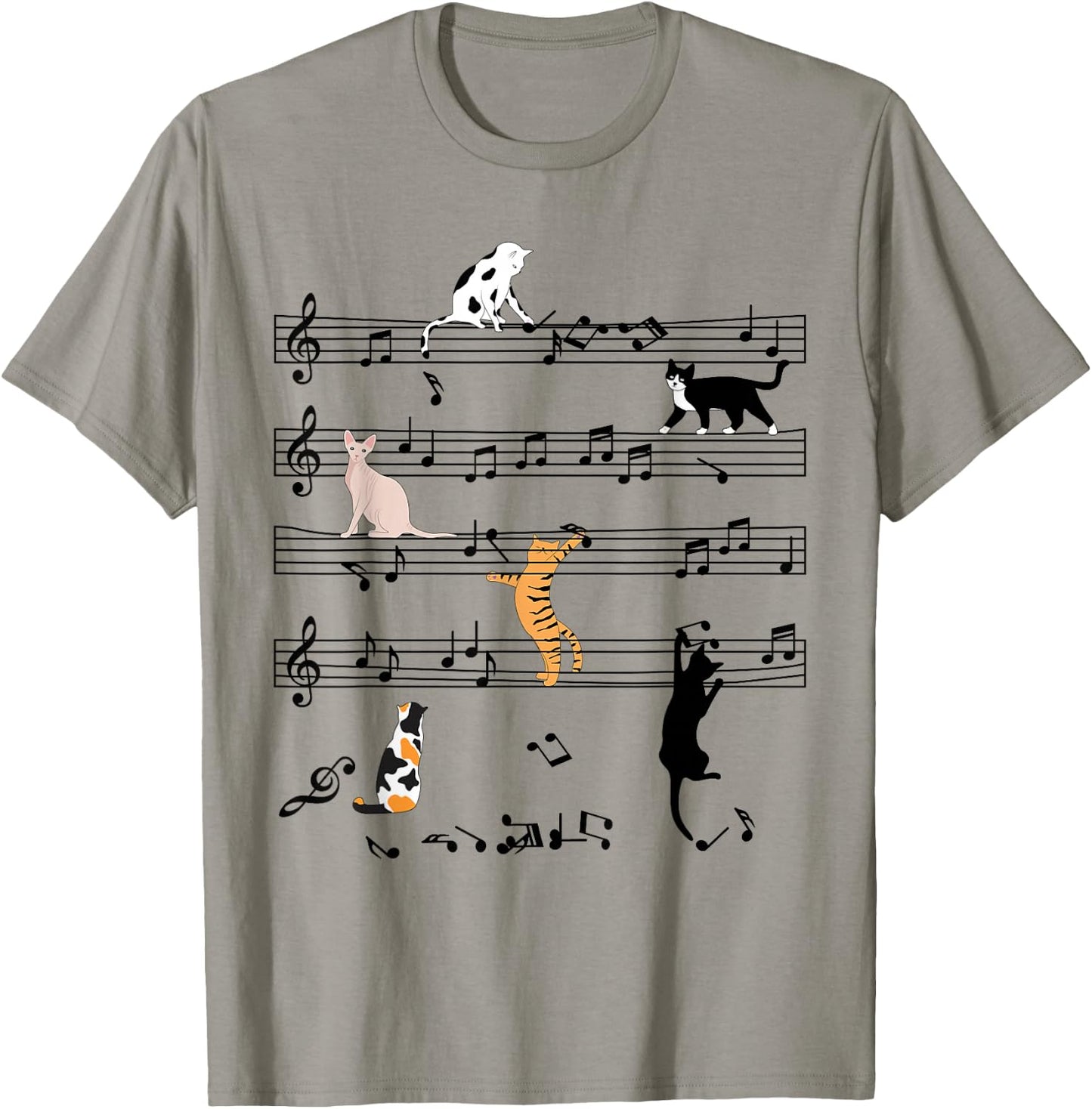 Funny Cat Climbing Playing Sheet Music Note, Cat Music Notes T-Shirt - T-Shirt | Sand