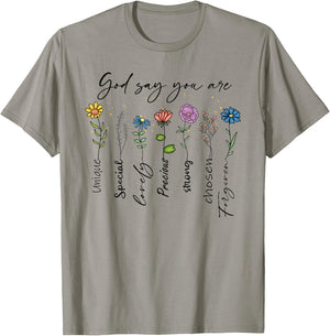 God Says You Are Floral Christian Faith Flowers Bible Verse , White T-Shirt - T-Shirt | Sand