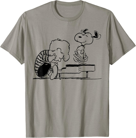 Peanuts Schroeder and Snoopy Piano , White T-Shirt - T-Shirt | Sand