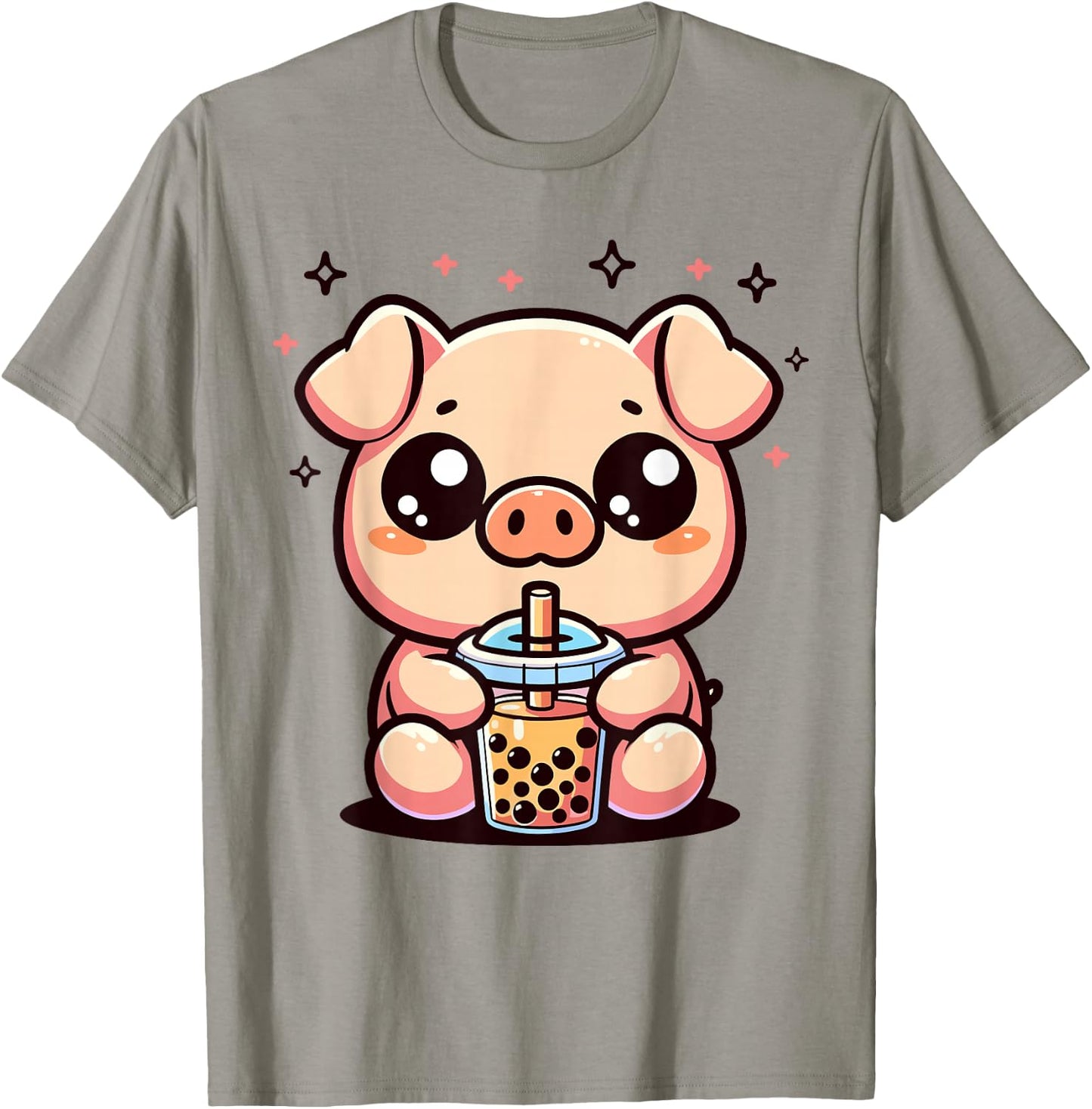 Cute Kawaii Cartoon Pig Drinking Bubble Tea Boba Tapioca T-Shirt - T-Shirt | Sand