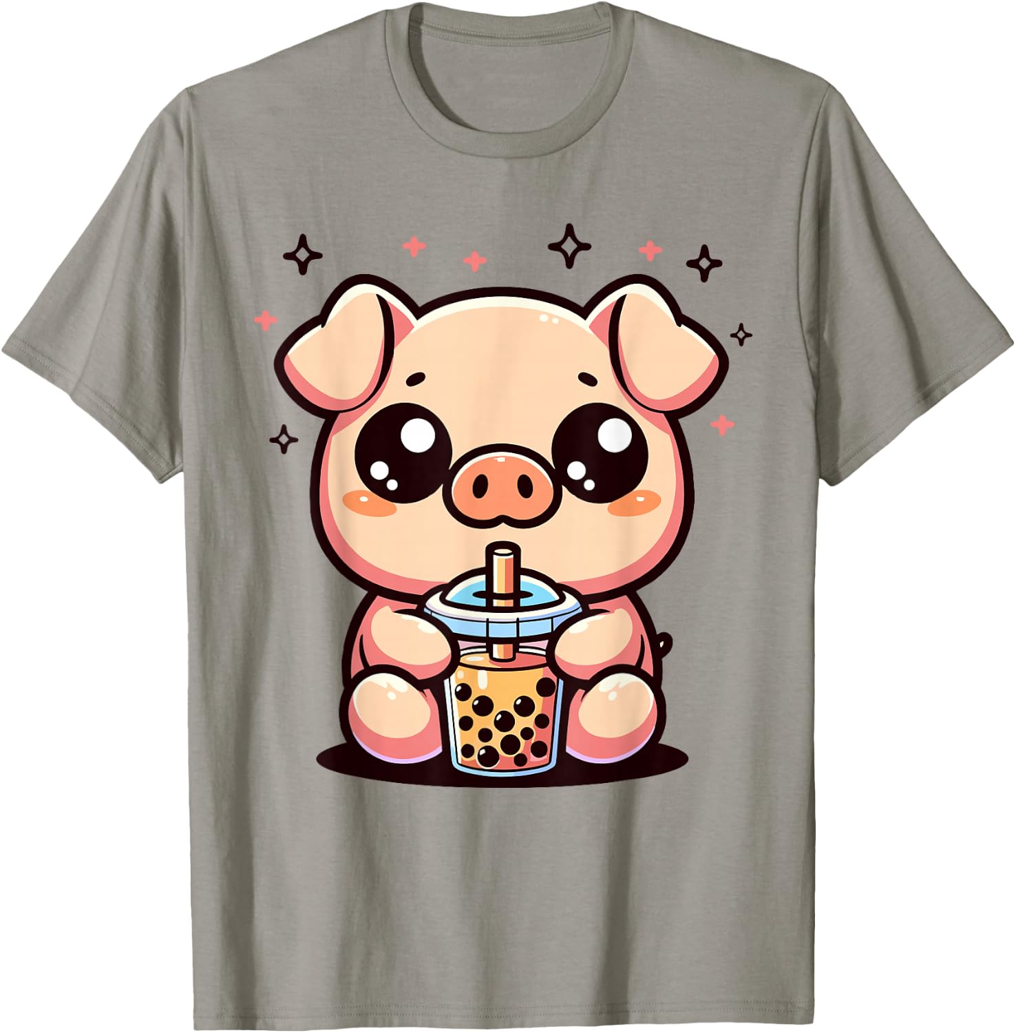 Cute Kawaii Cartoon Pig Drinking Bubble Tea Boba Tapioca T-Shirt - T-Shirt | Sand