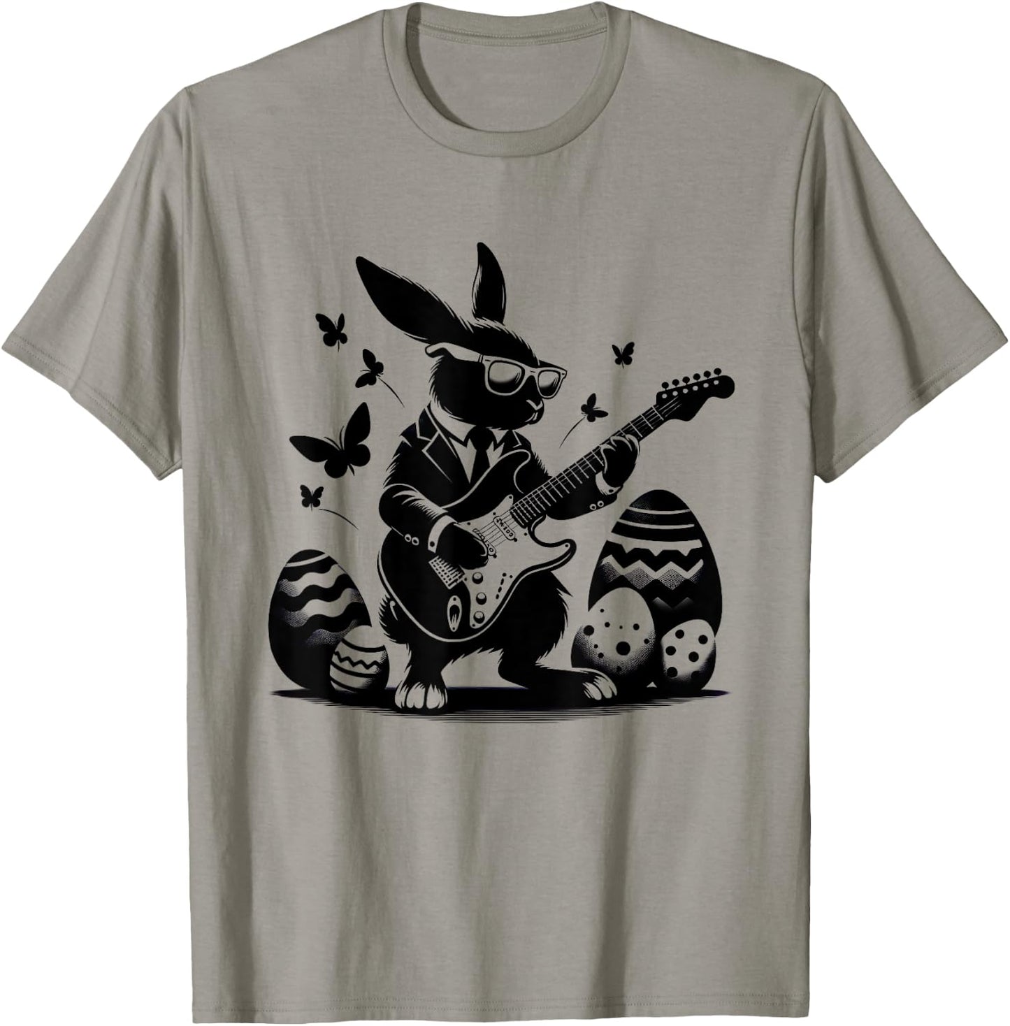 Cool Easter Rabbit Playing Guitar Cute Bunny Easter Eggs T-Shirt - T-Shirt | Sand