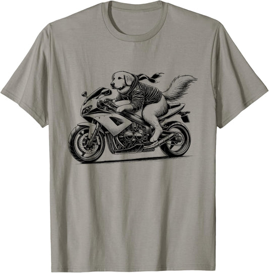 Cool Golden Retriever Riding a Motorcycle Biker Dog Lover T-Shirt - T-Shirt | Sand