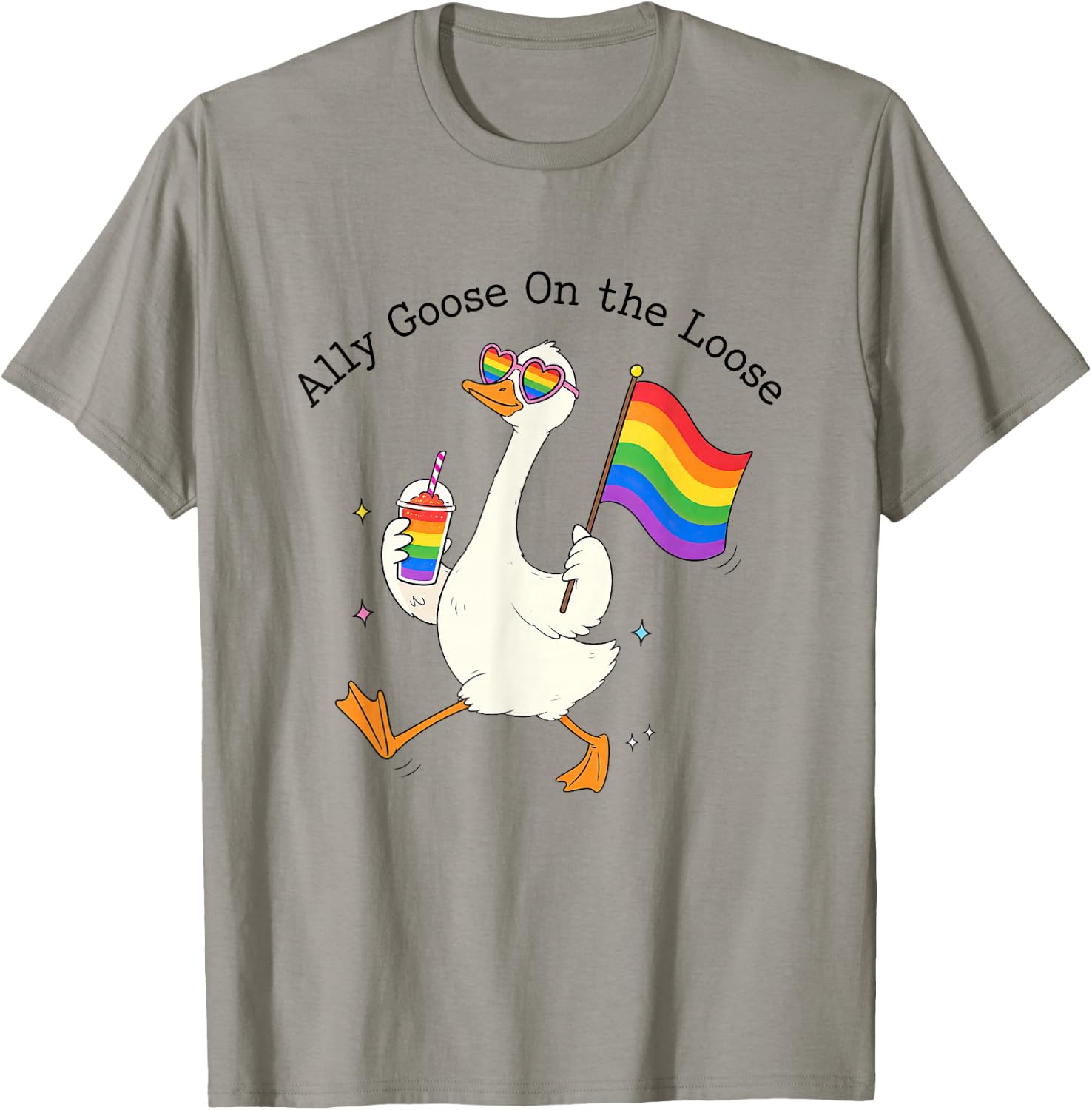 Ally Goose On-the-Loose Rainbow Flag Funny LGBTQ Pride Month T-Shirt - T-Shirt | Sand
