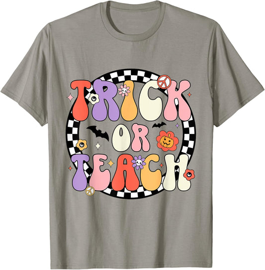 Trick or Teach Retro Groovy Halloween Teacher T-Shirt - T-Shirt | Sand