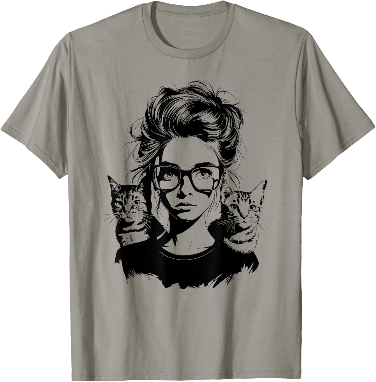 Cute Cat Silhouette Woman Girl with Two Cats T-Shirt - T-Shirt | Sand