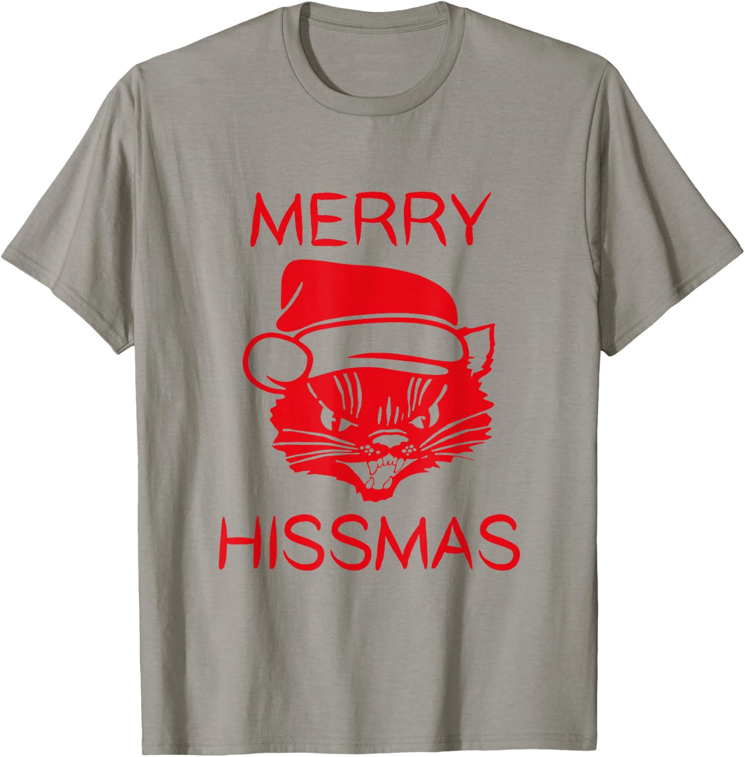 Merry Hissmas - Hissing Cat With Santa Hat T-Shirt - T-Shirt | Sand