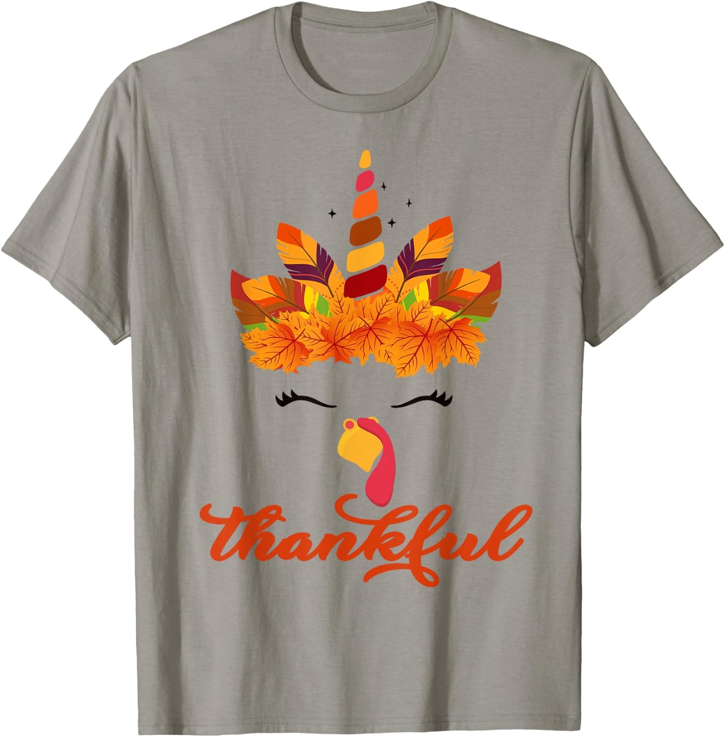 Thankful Unicorn Turkey Face Thanksgiving Outfit Girl Kids T-Shirt - T-Shirt | Sand
