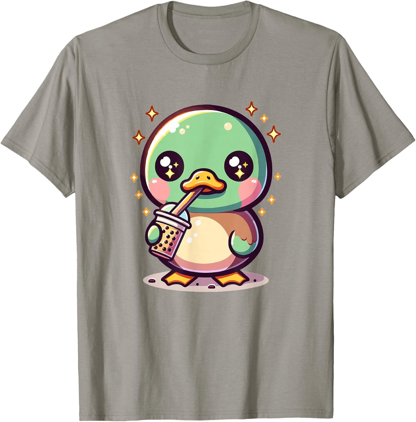 Cute Japanese Kawaii Chibi Mallard Duck Drinking Boba Tea T-Shirt - T-Shirt | Sand