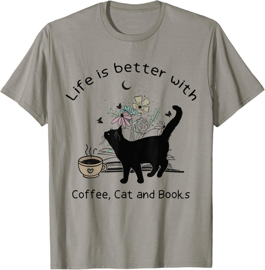 Life is Better With Coffee Cat and Books Funny Cat Sayings Women Girls Kids T-Shirt - T-Shirt | Sand