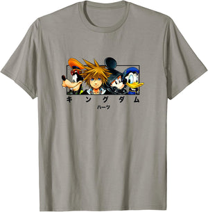 Disney Kingdom Hearts Main Characters Panel Chest Kanji Logo T-Shirt - T-Shirt | Sand