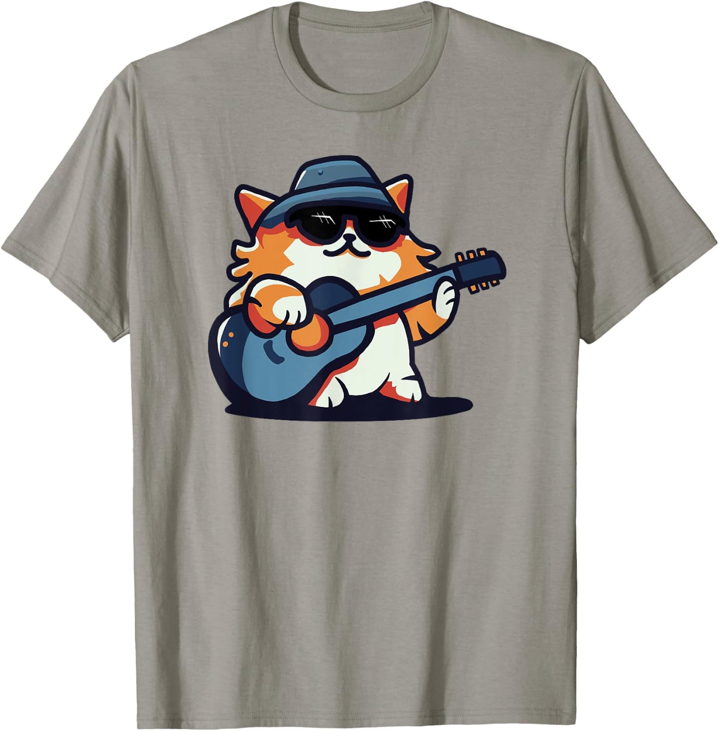 Cool Musical Cat With Hat And Sunglasses Playing Fun Guitar T-Shirt - T-Shirt | Sand