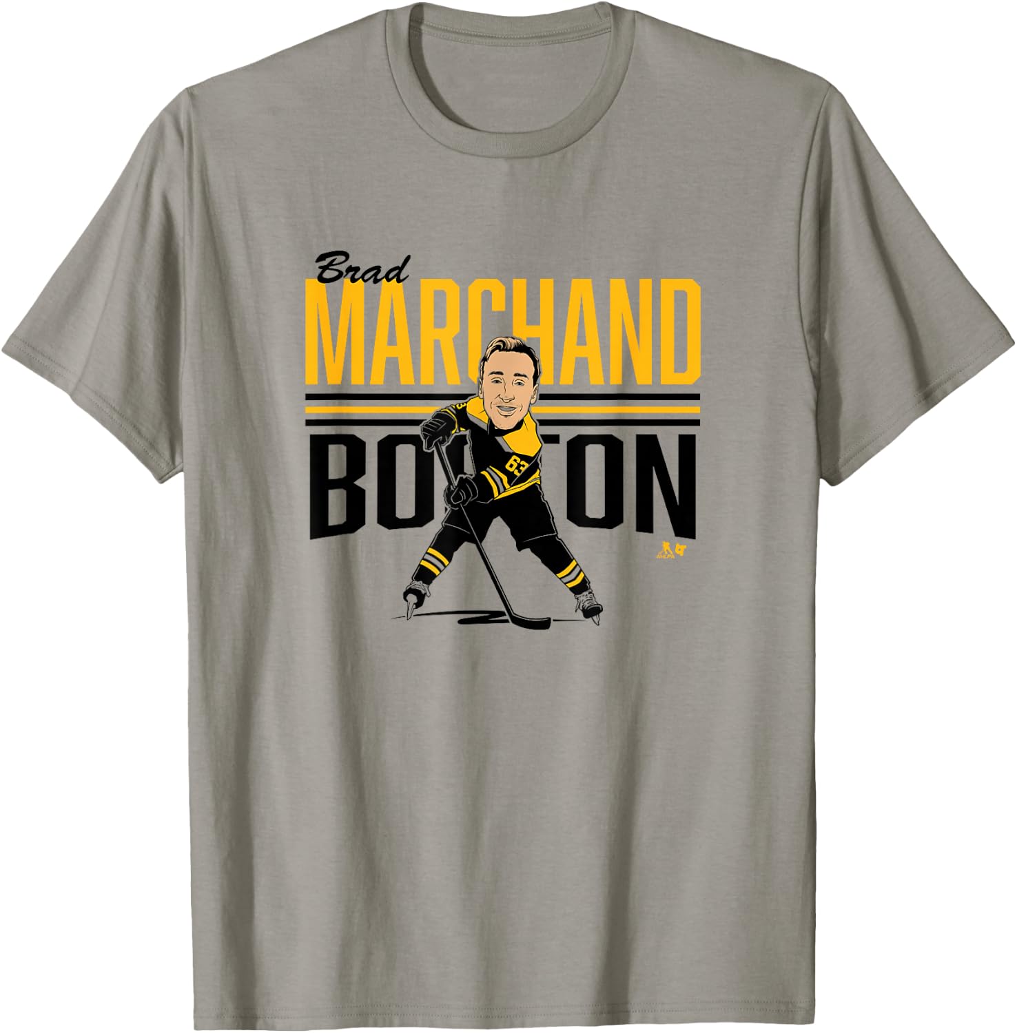 Brad Marchand: Center Ice Caricature - Boston Hockey T-Shirt - T-Shirt | Sand