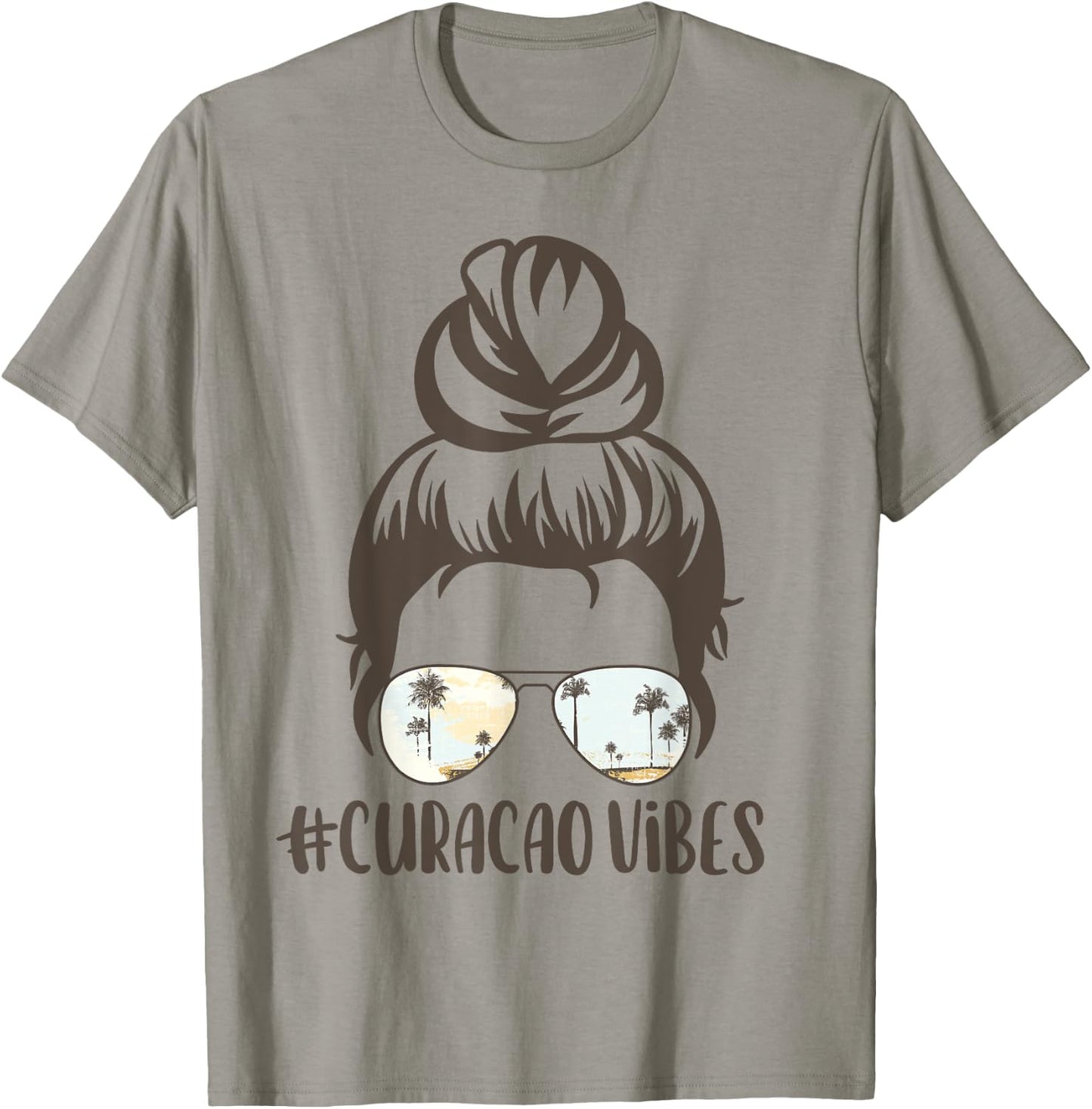 Curacao Tropical Island Vibes Messy Bun Palm Tree Sunset T-Shirt - T-Shirt | Sand