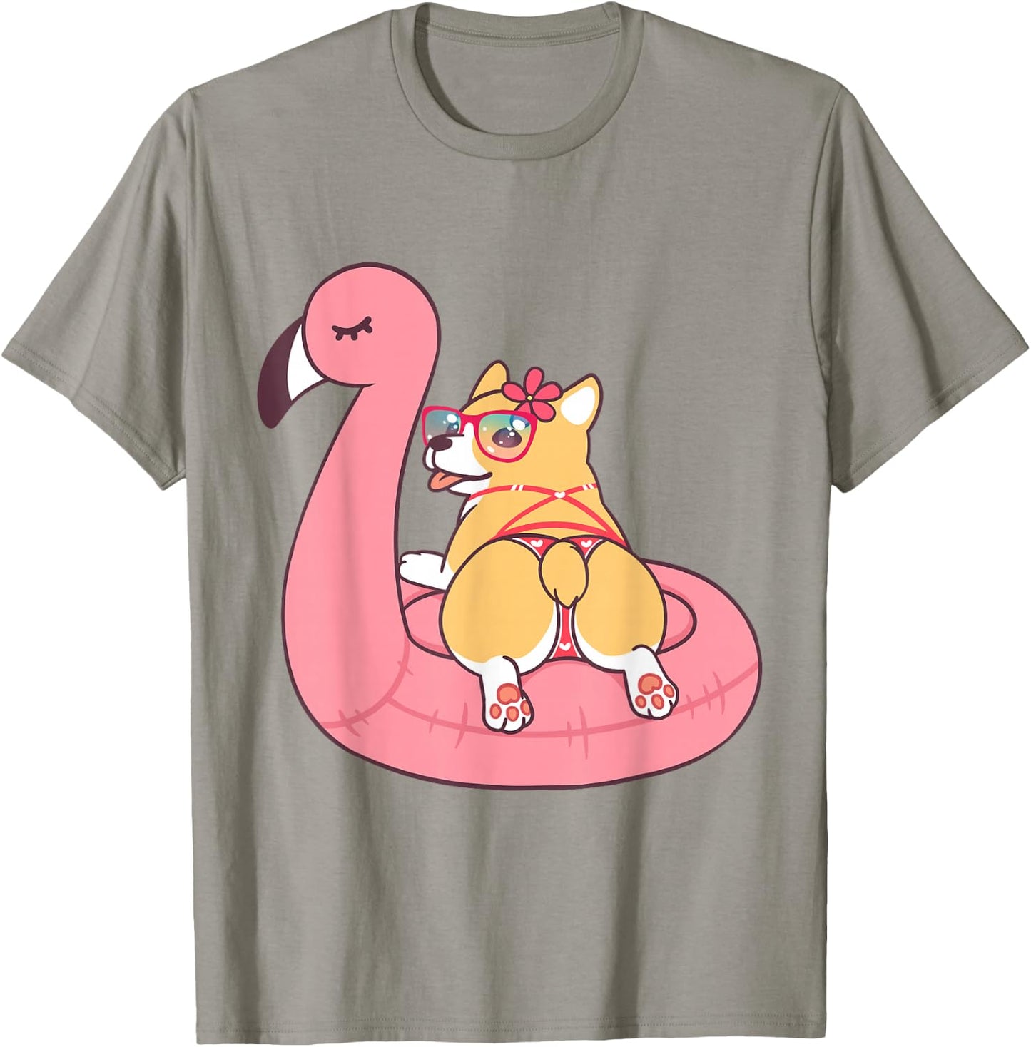 Corgi Butt Dog Bikini Pink Flamingo Float Funny Gift T Shirt T-Shirt - T-Shirt | Sand