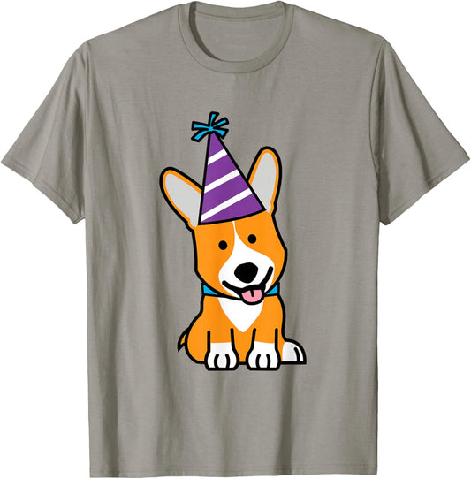 Happy Birthday Party Hat Corgi Welsh dog puppy T-Shirt - T-Shirt | Sand