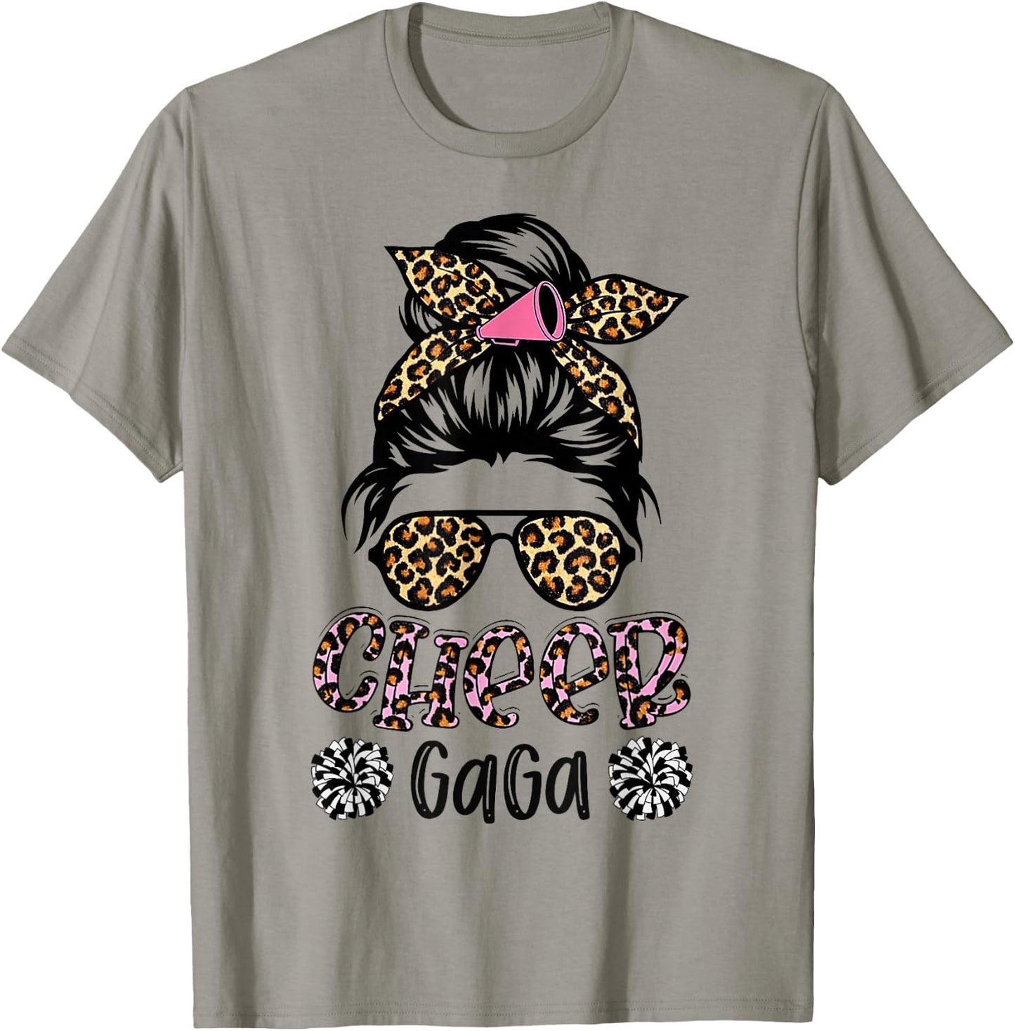 Cheer Gaga Leopard Messy Bun Cheerleader Mother's Day T-Shirt - T-Shirt | Sand
