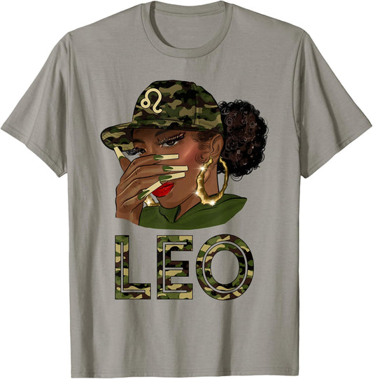 Leo Queen Black Girl With Cap Camo Afro Woman Zodiac T-Shirt - T-Shirt | Sand