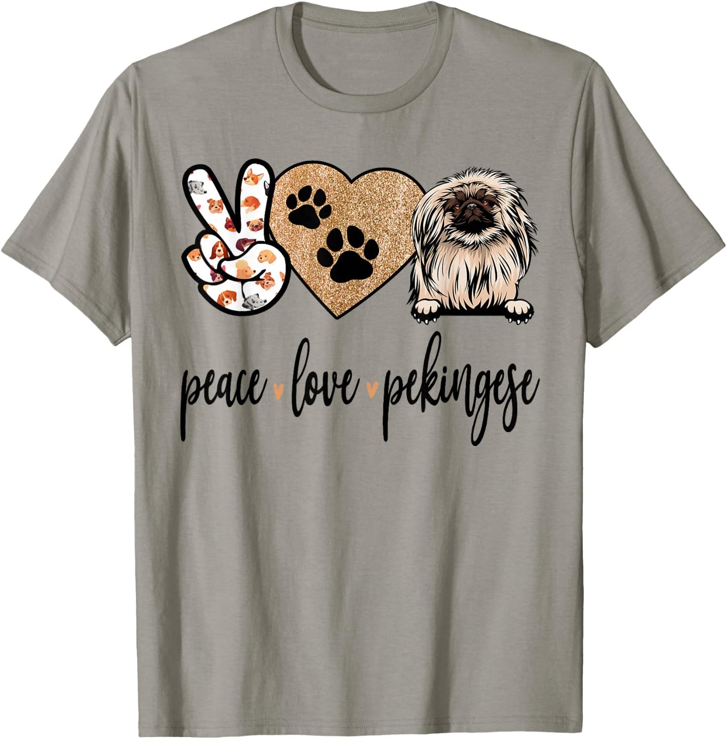 Funny Peace Love Pekingese Dog Lover T-Shirt - T-Shirt | Sand