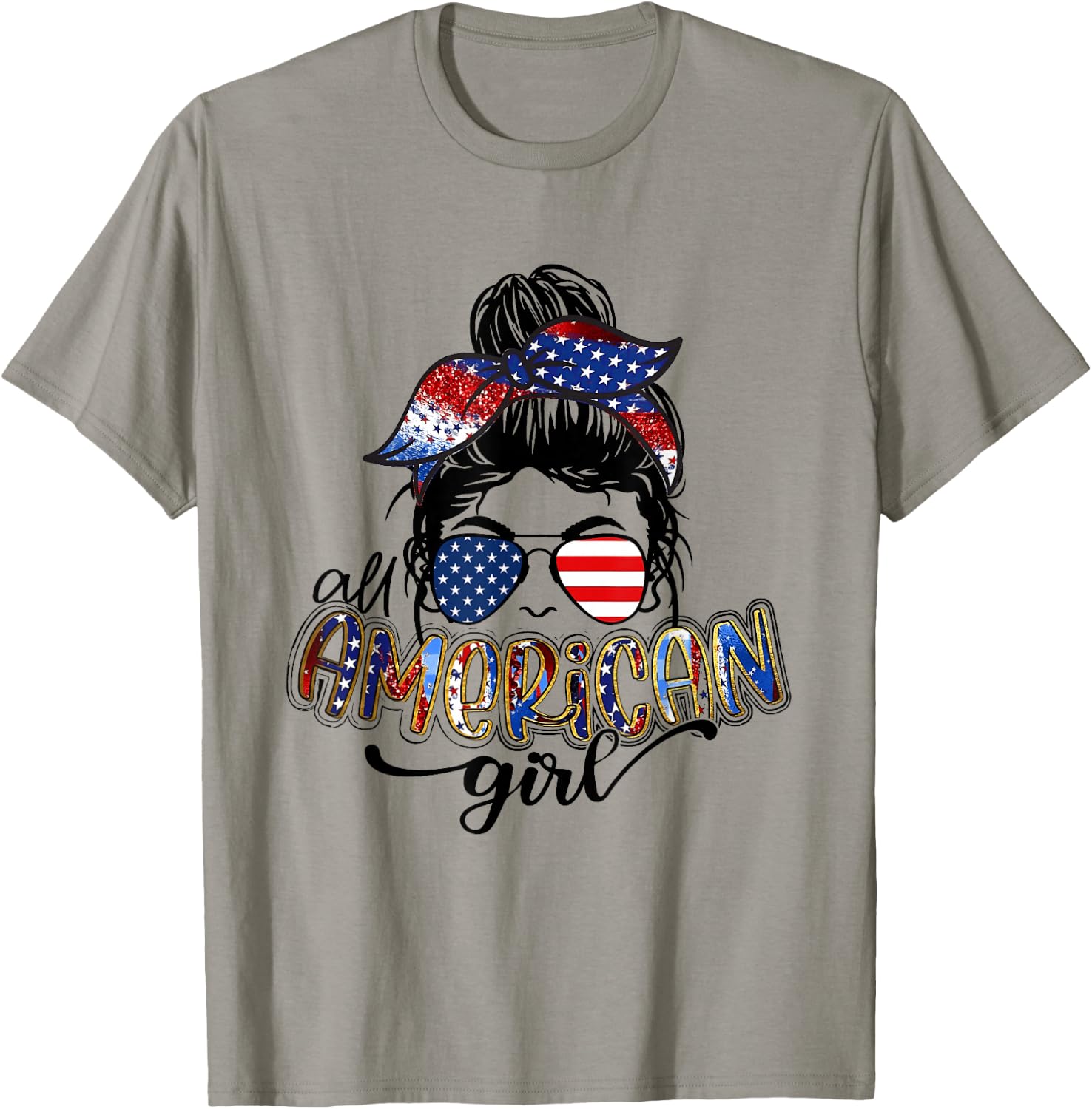 All American Girls Messy Bun Leopard 4th of July Flag T-Shirt - T-Shirt | Sand