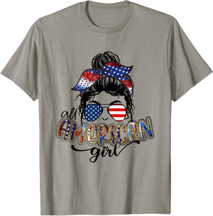 All American Girls Messy Bun Leopard 4th of July Flag T-Shirt - T-Shirt | Sand