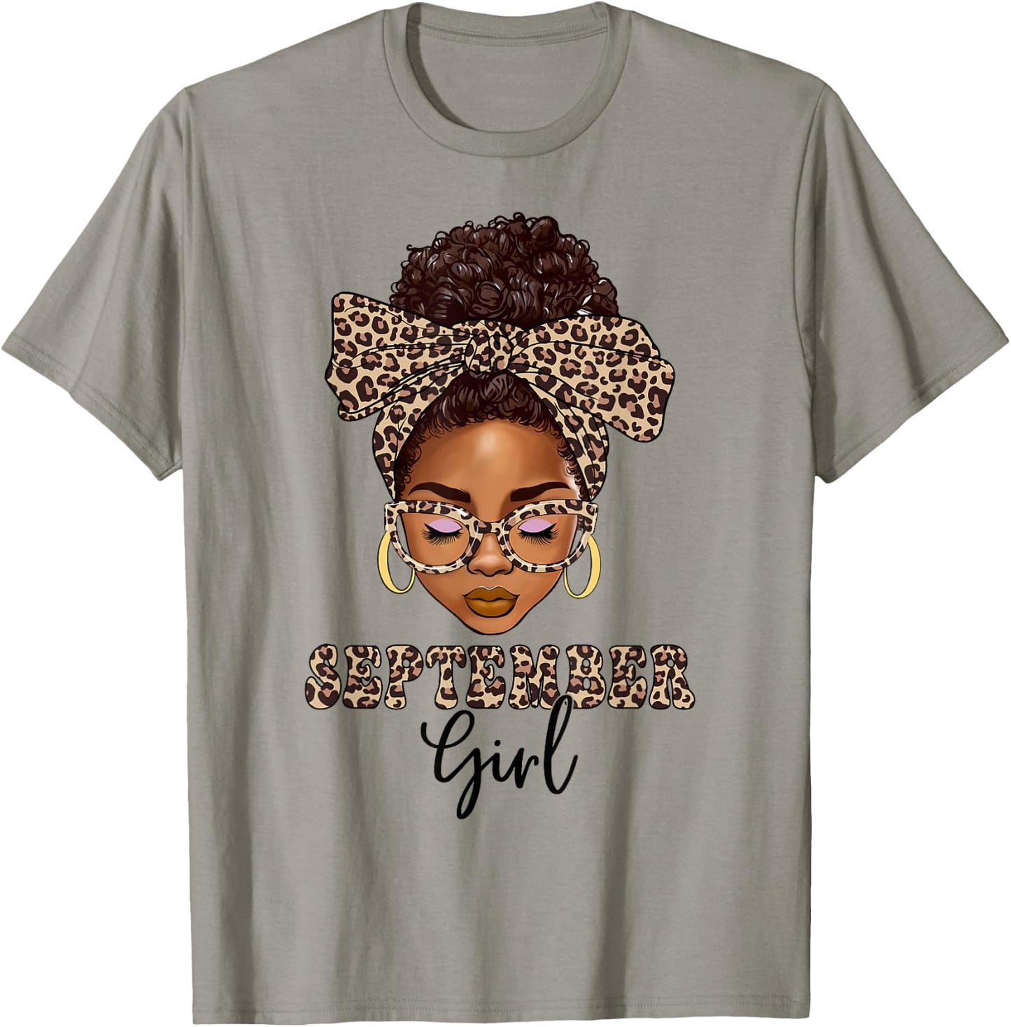 September Girls Messy Bun Leopard Black Women Birthday T-Shirt - T-Shirt | Sand