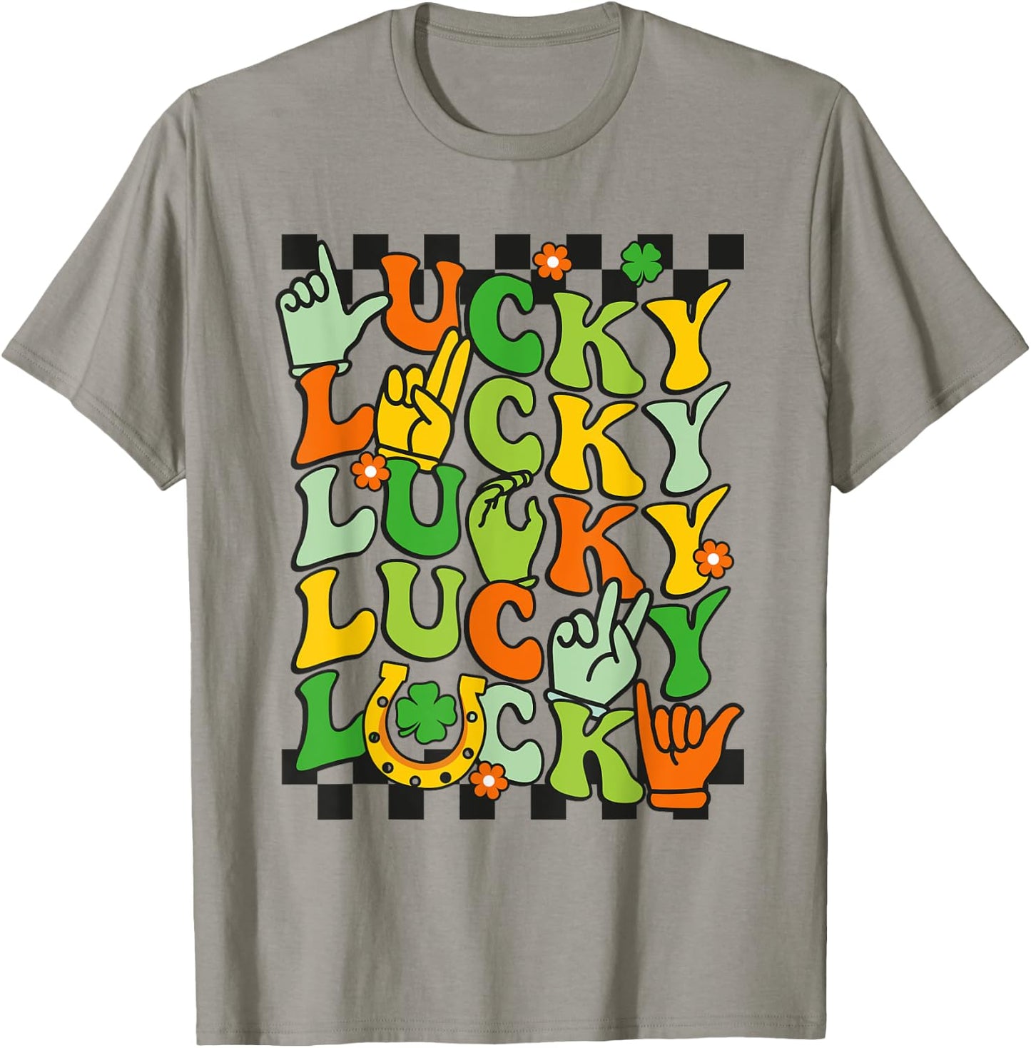 Lucky St Patrick's Day Sign Language ASL Deaf Groovy Irish T-Shirt - T-Shirt | Sand