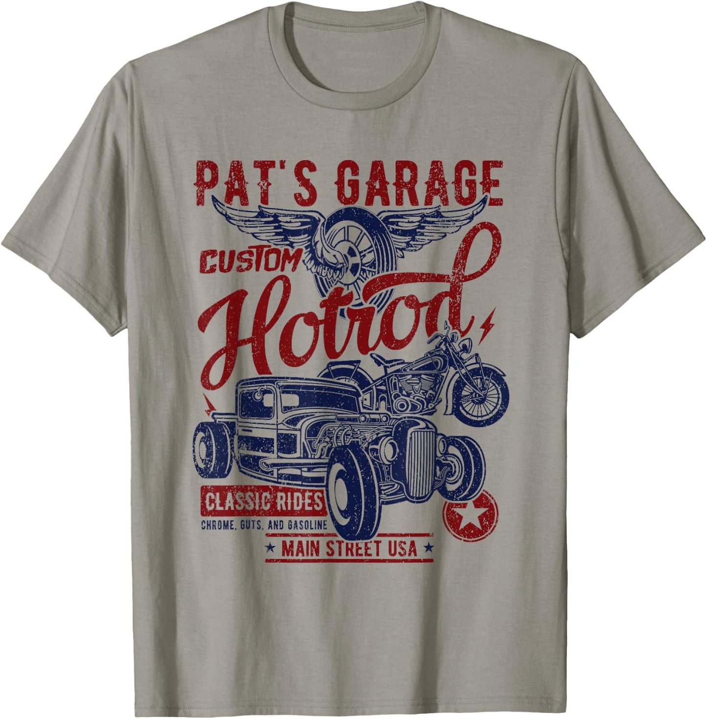Pat's Garage Hotrod Classic Rides Distressed Design T-Shirt - T-Shirt | Sand
