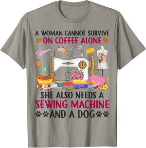 Dog Coffee Sewing Quilting Sew Lover Seamstress Sewing Dogs T-Shirt - T-Shirt | Sand