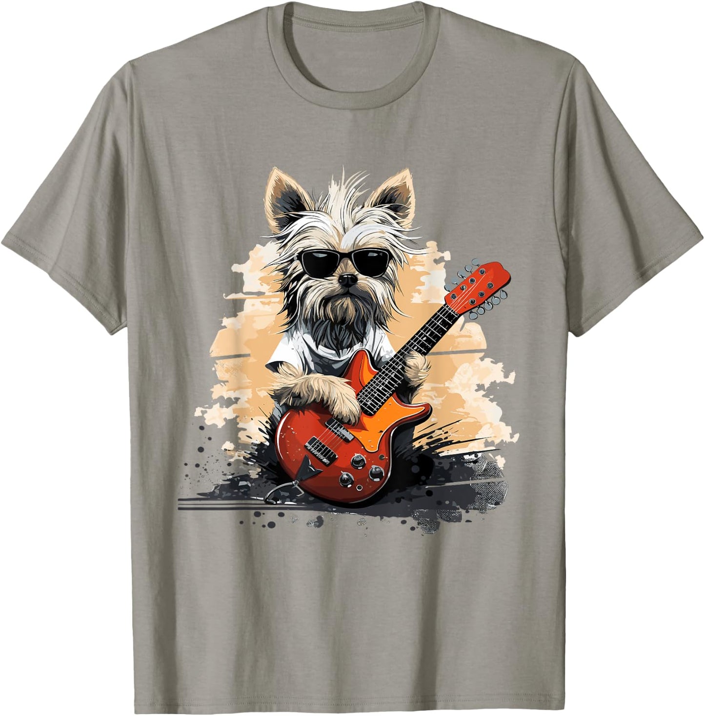 Cool Yorkshire Terrier Playing Guitar Print Art Yorkie Lover T-Shirt - T-Shirt | Sand